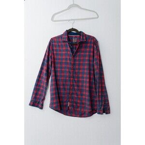 Being Human Button Up Shirt Large Red blue Plaid Flannel Slim Fit grunge gorp